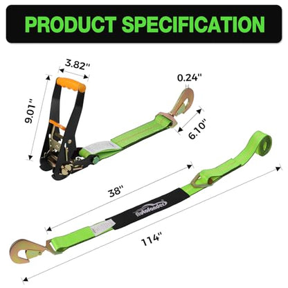 Heavy Duty 4 Pack Axle Tie Down Straps for Trailers-2" x 114" Car Hauler Straps with Snap Hooks-10,000 lbs Break Strength, 3300 lbs Capacity - DOT Certified Wheel Ratchet Tie Downs (Green) - color: Hi Viz Green