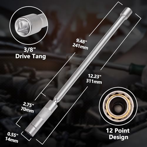 Toolwiz 14mm Spark Plug Socket with 12.2 Inch Extension, 3/8" Drive, 12 Point, 360 Degree Swivel Thin Wall Magnetic Spark Plug Socket Fits for Most Pickups, SUVs