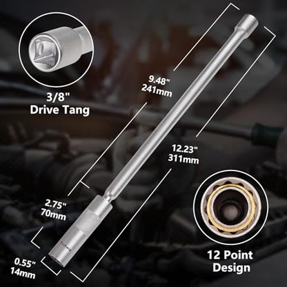 Toolwiz 14mm Spark Plug Socket with 12.2 Inch Extension, 3/8" Drive, 12 Point, 360 Degree Swivel Thin Wall Magnetic Spark Plug Socket Fits for Most Pickups, SUVs
