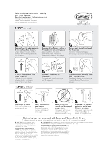 Command Clothes Hanger, Holds up to 7.5 lb, Sized for 3 Plastic Hangers or 7 Metal Hangers, 1 Wall Hook and 2 Strips, Extra Storage for Laundry Room, Bedroom and Closet - size: Large