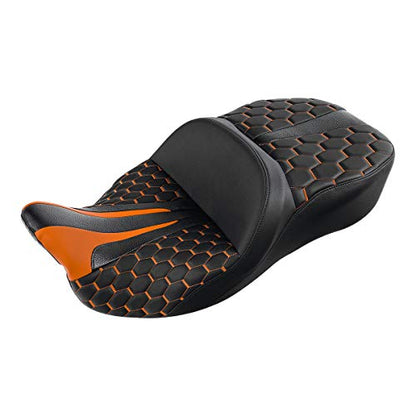 C.C. RIDER Soft Motorcycle Passenger Seat - Bagger Comb Strapped 2-Up One-Piece Fit for Harley Touring Road King FLHR Street Glide FLHX Road Glide FLTRX Electra Glide FLHT 2009-2023 - color: Black+Orange