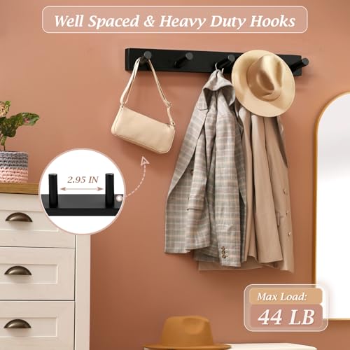 Coat Rack Wall Mount, Wooden Coat Hanger with 5 Hooks, Heavy Duty, Black, 1 Pcs - color: Black