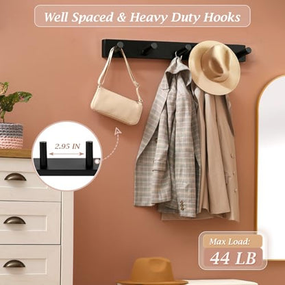 Coat Rack Wall Mount, Wooden Coat Hanger with 5 Hooks, Heavy Duty, Black, 1 Pcs - color: Black