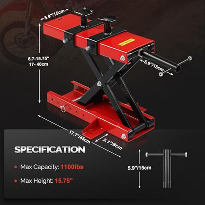 TUFFIOM 1100LBS Motorcycle Scissor Lift Jack, Height Adjustable with Safety Pin & Support Saddles, Foldable Motorcycle Center Stand for Dirt Bike ATV, Red - size: w/Support Saddles