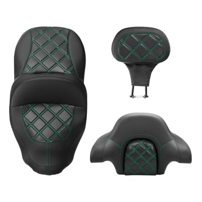C.C. RIDER Driver Passenger Hammock Seat+ Rider Backrest+ Tour Trunk Backrest Fit For Harley Touring 2014-2023 Street Glide Road Glide Road King Electra Glide - color: 34# Green+ Rider Backrest+ Tour Trunk Backrest