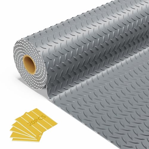 8x20 FT Garage Floor Mat, 2.8mm Thickened Flooring Roll for Under Car Diamond Plate PVC Rubber Mat with 20 Pcs Tapes, Non-Slip Floor Mat for Garage, Warehouse, Gyms, Trailer,Grey - color: Gray, size: 8x20 FT