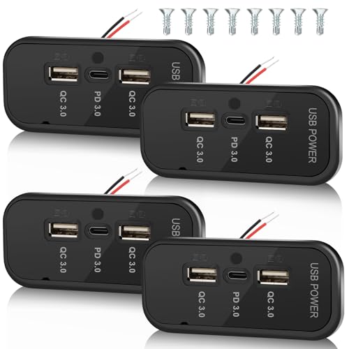 4PCS Gibbab 72W 3 Ports 12V RV USB Outlet, 36W PD3.0 Type-C Quick Charge + Dual 18W QC3.0 USB A Panel Wall Mount Car Charger Socket Automotive Multi-Port Adapter for ATV Marine Truck Boat Bus - color: Deep black, size: 4PCS