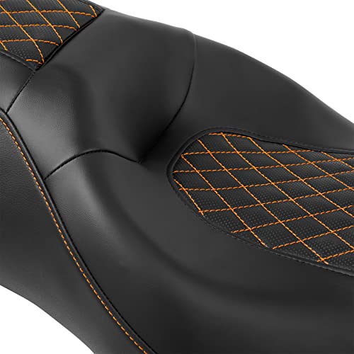 C.C. RIDER Leather Rear Passenger Seat - For Harley Touring Road King Street Glide Electra Glide Road Glide 2009-2023 Black Orange - color: Seat-01 Orange Stitching
