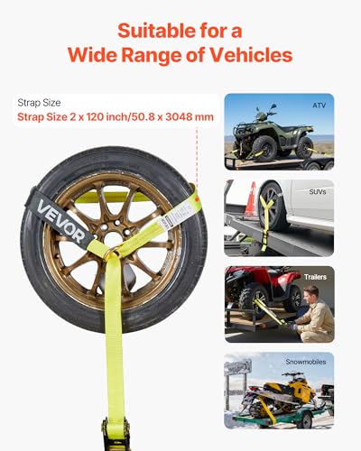 VEVOR Wheel Chock Tie-Down Kit, Tire-Style Motorcycle Tie-Down System, Car Kit with Flat Hook, Break Strength 10009 lbs & Working Load 3333 lbs Trailer Strap for ATVs, SUVs, Trailers - style: Tire-Style with flat hook