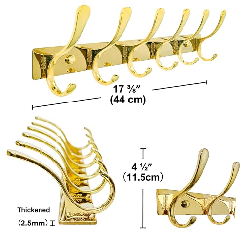 SKOLOO Coat Rack Wall Mounted - 6 Hooks, Pack of 2, Heavy Duty, Stainless Steel, Metal Wall Hangers, Sturdy Coat Hooks for Hanging Coats, Jacket, Clothes, Hat, Bright Gold - color: Bright Gold, size: 6 Hook(2 Pack)