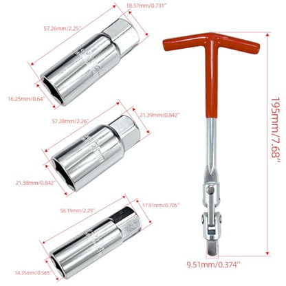 Spark Plug Socket Wrench Set T-Handle 14mm(9/16") 16mm (5/8") 21mm (13/16") kit for Motorcycles Lawn Mowers Small Vehicles Removal Tool