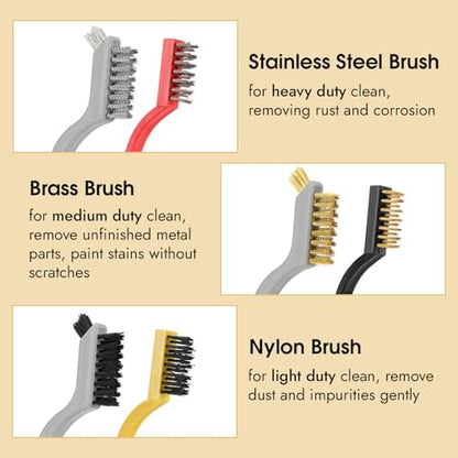 6 Pieces Wire Brushes Set, Small Metal Brass Brush, Stainless Steel Brush, Nylon Brushes for Cleaning Metal Rust and Paint Removal (Grey+3 Mixed Color, L) - color: Grey+3 Mixed Color