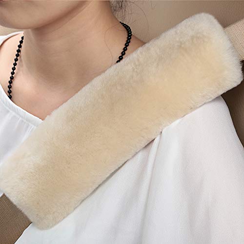OGLAND Genuine Sheepskin Soft Fuzzy Car Seat Belt Pad,Comdy Fluffy Seatbelt Stap Covers for Shoulder Pad Neck Cushion Protector Car Accessories(Pearl, 1Pcs) - color: Pearl