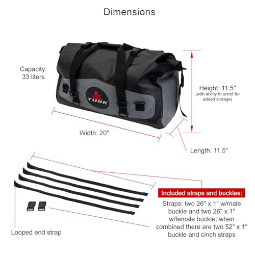 Tusk Dry Duffel Bag Medium 33L – Top Load Waterproof Gear Bag with Roll-Top Closure, Black/Grey