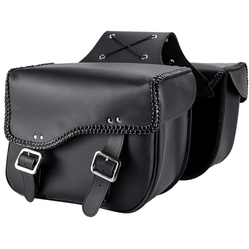 Dream Apparel Faux Leather Motorcycle Saddle Bags Throw Over Saddlebags, PVC Motorcycle Side Bags for Honda Shadow Sportster Softail Dyna V-star (Black, No Studs)
