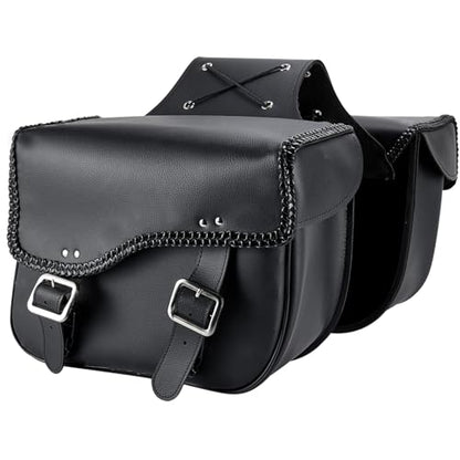 Dream Apparel Faux Leather Motorcycle Saddle Bags Throw Over Saddlebags, PVC Motorcycle Side Bags for Honda Shadow Sportster Softail Dyna V-star (Black, No Studs)