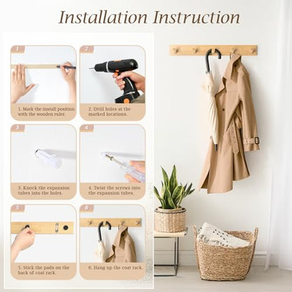 Coat Rack Wall Mount, Wooden Coat Hanger with 5 Hooks, Heavy Duty, Natural, 1 Pcs - color: Natural