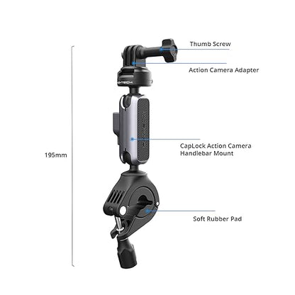 PGYTECH CapLock Quick Release Bike Motorcycle Handlebar Mount, 360°Dual-Ball Rotation, 1/4"-20 Adapter, for DJI OSMO Action 6/5 Pro/4/Pocket 4/3/Xtra Muse/Gopro/Insta360 Ace Pro 2/X5/Luna Ultra, Phone