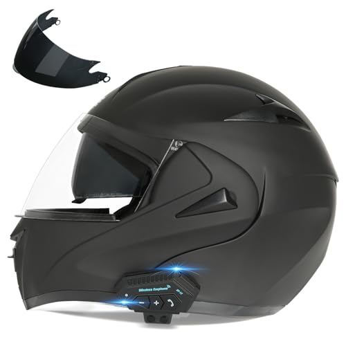 Motorcycle Bluetooth Modular Helmet, DOT Approved Dual Visor Full Face Flip up Bluetooth Integrated Motorcycle Helmets for Adults Men Women - color: Matte Black, size: Large