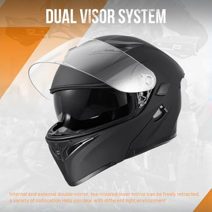 OUMURS DOT Modular Motorcycle Full Face Helmet Flip-Up Dual Visor, Lightweight & DOT Approved, Matte Black