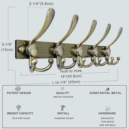 Dseap Coat Rack Wall Mount, Heavy Duty 12-Gauge Base vs Flimsy 1mm, Double-Thick Solid Anti-Snap Hooks, 16” Stud-Mount, Stainless Steel Hanger for Clothes Hat Entryway Closet Mudroom, Bronze - color: Bronze, size: L=17" (1pcs)