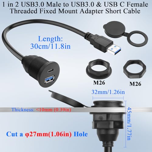 QIANRENON 2-in-1 USB3.0 to USB3.0 & USB C Threaded Fixed Adapter Short Cable 5GBps Type A Male to A + C Female Embedded Mount 1 to 2 Connector, 5V3A Charging, Mounted Car/RV Dashboard, 30cm/11.8in