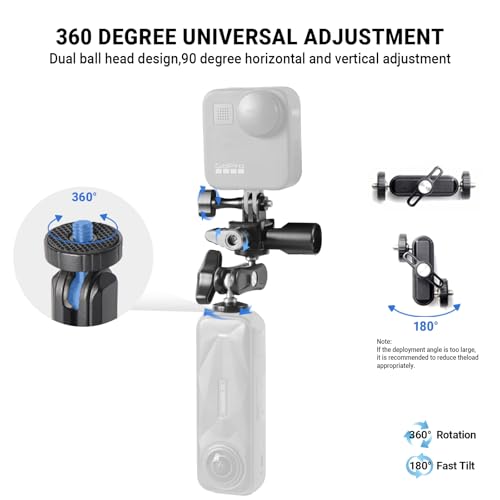 360° Adjustable Motorcycle Handlebar Camera Mount Bracke,1/4 Inch Metal Stand with Double Ball Head Compatible with GoPro Hero 10/9/8/7/6/5/4/3+ DJI Osmo Action & Most Action Cameras for Bicycle