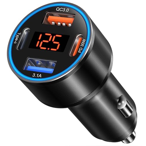 USB C Car Charger, 4-Port 65W Dual 12V USB-A & USB-C Car Phone Charger with Voltmeter PD/QC 3.0 Fast Charging Cigarette Lighter Adapter for iPhone 16e 15 14 13 12 11 Pro Max,Samsung, Android(Black) - color: Black, size: 1 Pack