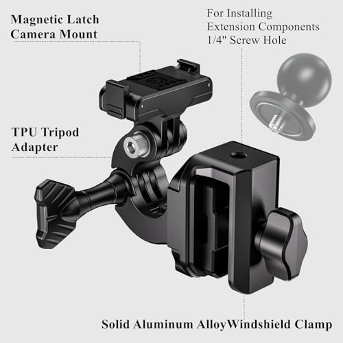 Kewig Motorcycle Windshield Camera Mount with Magnetic Latch Mount & Aluminum Alloy Clip Base, Compatible with DJI Osmo 360 / Action 3/4 / 5 Pro, Angle Adjustable, Quick-Release Design