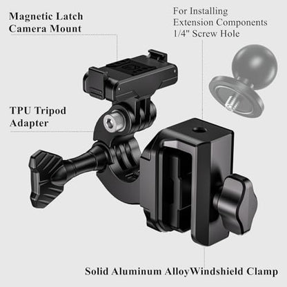 Kewig Motorcycle Windshield Camera Mount with Magnetic Latch Mount & Aluminum Alloy Clip Base, Compatible with DJI Osmo 360 / Action 3/4 / 5 Pro, Angle Adjustable, Quick-Release Design