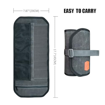 Roaring Fire Pioneer Mini Tool Roll Bag - Waxed Canvas Roll Up Pouch, YKK Zipper, 4 Mesh & 8 Elastic Loops for Wrenches, Survival, EDC - Gift for Dad