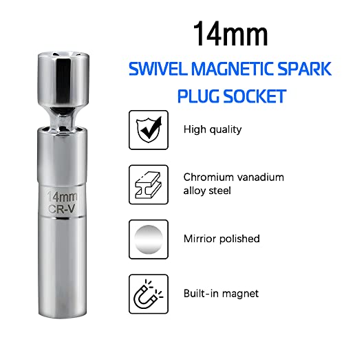A ABIGAIL 14mm Thin Wall Swivel Magnetic Spark Plug Socket 3/8 Inch Drive 12-Point Spark Plug Socket Removal Tool Compatible with Motorcycle, Car, SUV, BMW, Nissan, Mini, Mercedes - size: 14mm