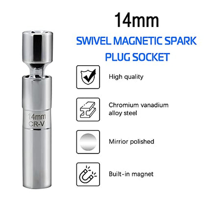 A ABIGAIL 14mm Thin Wall Swivel Magnetic Spark Plug Socket 3/8 Inch Drive 12-Point Spark Plug Socket Removal Tool Compatible with Motorcycle, Car, SUV, BMW, Nissan, Mini, Mercedes - size: 14mm