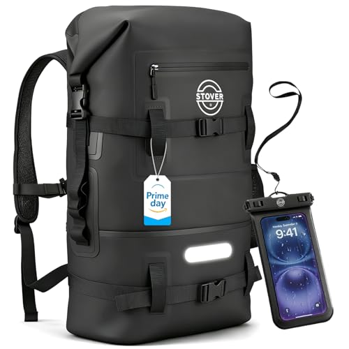 STOVER 5/10/25/30/40/55L Waterproof Dry Bag- Roll-Top Backpack w/Phone Case- Kayaking, Hiking, Camping, Boating- Men/Women - color: 40l Black (With Phone Case), size: 40L