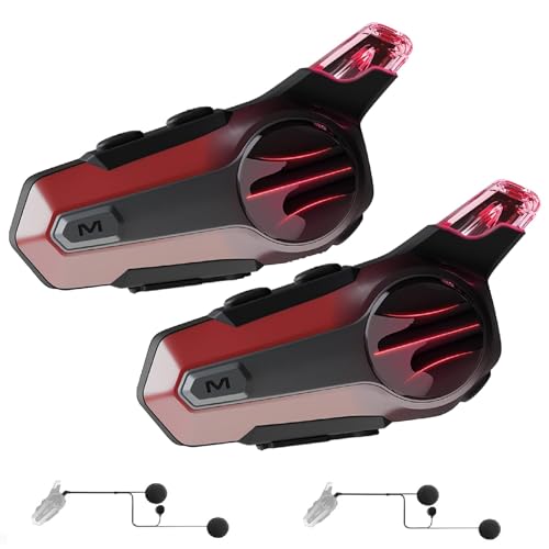 Motorcycle Bluetooth Headset for Wireless Dirt Bike 2 Riders 600M Intercom CVC Noise Cancellation Stereo HiFi Music IP67 Waterproof for Full Face Helmet with Tail Light (Red-Dual Pack) - color: Red_Dual_tail_light
