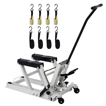 Hydraulic Motorcycle Lift Jack 1500 LBS Capacity ATV Scissor Lift Jacks Portable Motorcycle Lift Table Powersports Stands with 4 Wheels and Hydraulic Foot-Operated Hoist Stand with 4 Tie Down