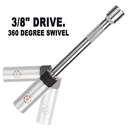 CASOMAN 5/8" Swivel Magnetic Spark Plug Socket, 3/8" Drive x 8-Inch Ext. Bar Length, 360 Degree Swivel, Enhanced Magnetic Design, 6 Point, Cr-V Steel - size: 5/8" × 8-Inch Total Length
