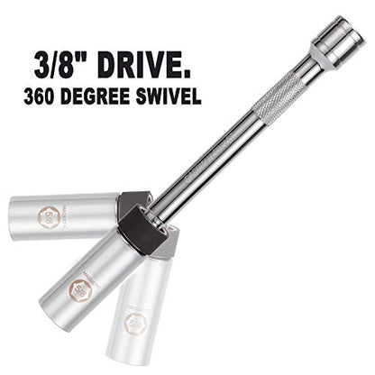 CASOMAN 5/8" Swivel Magnetic Spark Plug Socket, 3/8" Drive x 8-Inch Ext. Bar Length, 360 Degree Swivel, Enhanced Magnetic Design, 6 Point, Cr-V Steel - size: 5/8" × 8-Inch Total Length