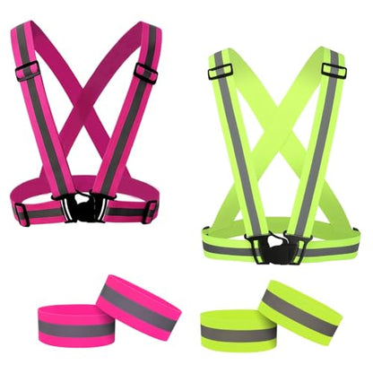 Running Reflective Vest Elastic Adjustable Reflective Vest 2 Pieces with 4 High-Visibility Reflective Belts for Nighttime Running Biking Motorcycle Dog Walking fits Men Women Kids - color: Pink-Green