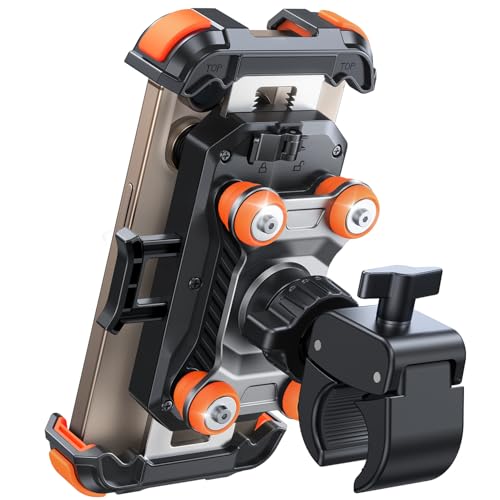 JOYROOM Motorcycle Phone Mount Holder - [Dual Vibration Dampener] 150mph Anti-Shock Phone Holder for Motorcycle [Upgrade Metal Handlebar Clamp] - Bike Phone Holder Mount for 4.7-7" Phones Orange - color: Orange