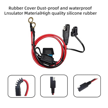 SAE Battery Connector 15AWG 2ft - SAE to O Ring Terminal with 15A Fuses, 2-Pin Quick Disconnect for Solar Panel, Motorcycle, Car, RV, Marine (12V/24V)