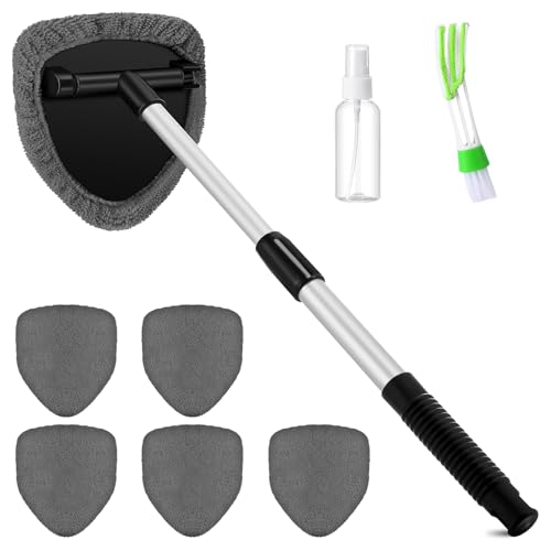 Potchen 8 Pcs Car Windshield Cleaner Tool Kit with Extendable Handle, Microfiber Towel Pads, Brush, Empty Spray Bottle for Auto Glass Wiper Suvs Rvs & Home Windows(Grey) - color: Grey