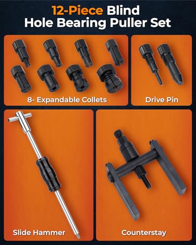 12pcs Motorcycle Blind Hole Collet Bearing Puller Set, Internal Bearing Extractor Puller Kit Slide Hammer Bearing Puller with Expandable Collets 8-32mm Inner Bearing Remover Tool (12-Piece)