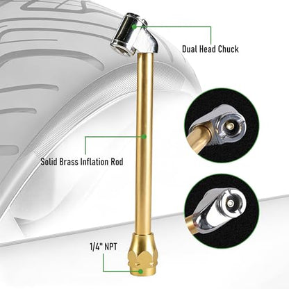 Heavy Duty Tire Inflator with Pressure Gauge 10-160 PSI, 1/4" NPT Dual Head Chuck, 15" Kink-Resistant Rubber Air Hose Compatible with Car, Truck, Motorcycle, ATV, SUV