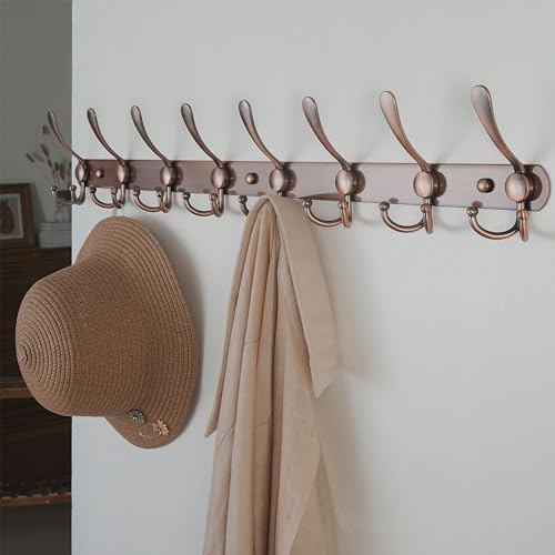 Dseap Coat Rack Wall Mount - 29.5” Long 8-Tri-Hooks Heavy Duty Coat Hanger Rail Wall Hooks for Hanging Coats Hats Clothing Clothes Purse Mudroom Entryway, Red Antique Copper - color: Antique Copper, size: L=29.5” (1 Pcs)