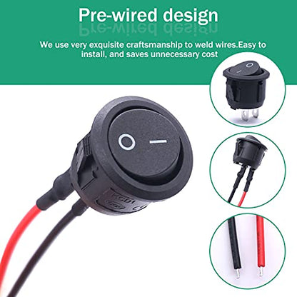 Twidec/10Pcs 12V Round Rocker Switch AC 6A/250V 10A/125V SPST 2 Pin 2 Position On/Off Toggle Switch for Car Boat Automotive RV Black with Pre-soldered Wires KCD1-X-Y - color: Black-Round-ON OFF(O I)-10PCS