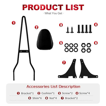 Motorcycle Detachable Rear Sissy Bar Backrest with PU Leather Passenger Cushion Pad Fit For Harley Sportster XL883 XL1200 48 SuperLow 2004–2022
