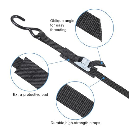 EXVITAL Tie Down Straps with Hook Cam Buckle Straps 1" x 8’ 1200lbs Break Strenght with Extra Soft Loops for Motorcycle, Kayak, ATVs, Dirt Bike, Truck, Car Black 4 Pack - size: 1"x8'x4