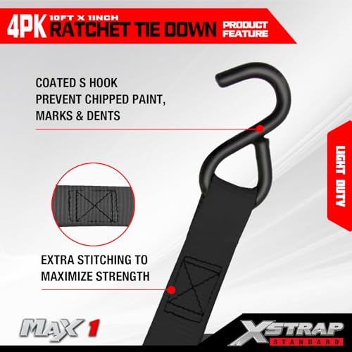 XSTRAP STANDARD Ratchet Tie Down Straps 4 Pk 10 Ft- 300 Lbs Load Cap- 900 Lbs Break Strength-Cargo Straps for UTV, ATV, Pickup,Truck, Moving Appliances, Lawn Equipment, Black - color: Black, size: 4pk 1inchx10ft