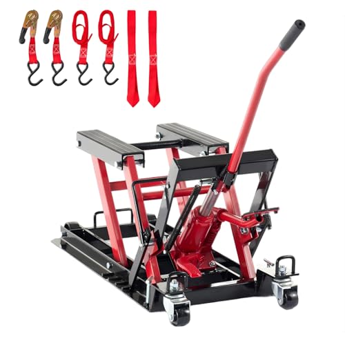 1500 LBS Hydraulic Motorcycle Lift Jack, Heavy Duty Steel ATV Lift Stand with Wheels, Handle, Foot Pedal, Tie-Down Straps & Adapter Bars, Red/Black